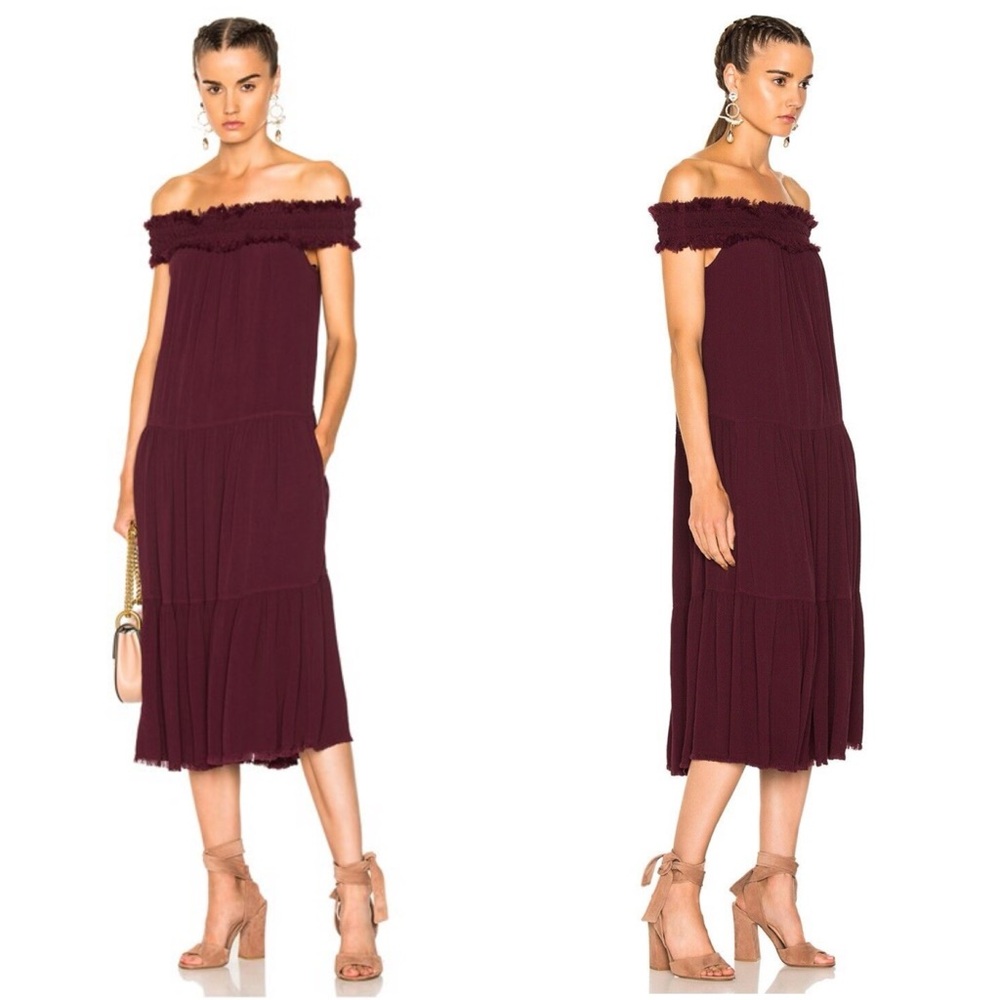 Raquel Allegra Crepe Silk Blend Off The Shoulder Fringe Midi Plum Dress